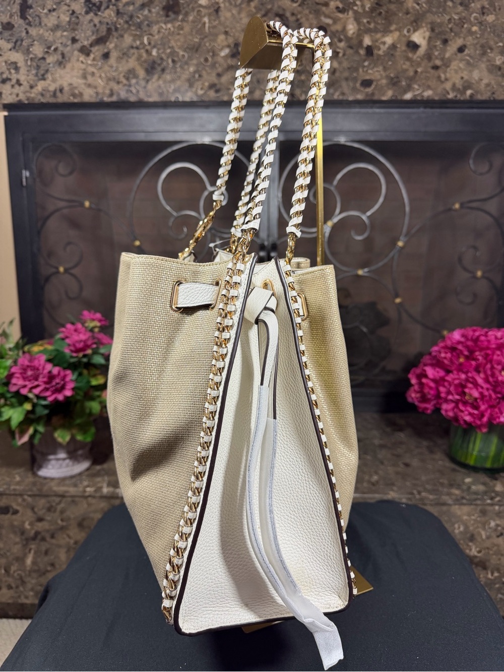 Michael Kors Beige Canvas Shoulder Tote with White Trim and Gold Chain Handles - Picture 4 of 6